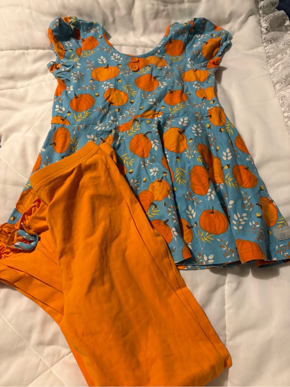 Eleanor Rose Blue Pumpkin Print Dress with Orange Leggings